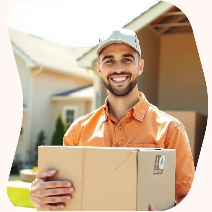 Two removalists moving boxes up stairs