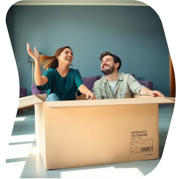 Two guys sitting on the floor of their apartment with Muval moving boxes
